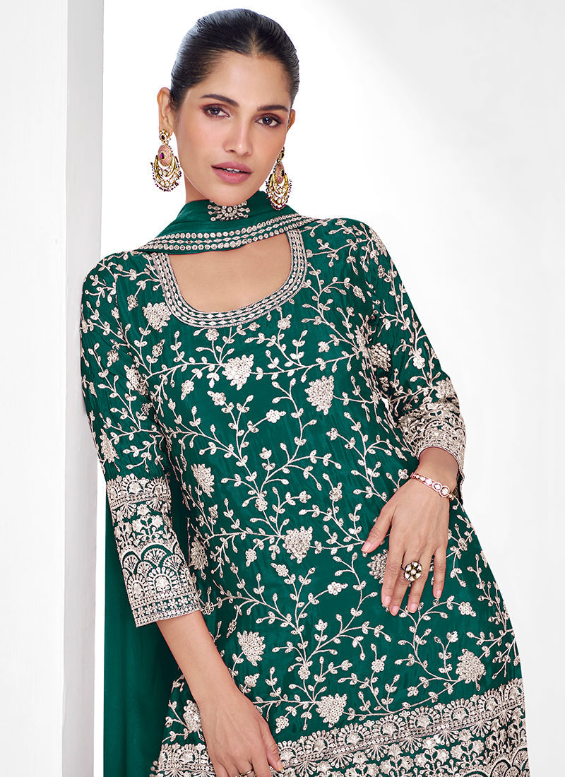 Gorgeous Green Traditional Embroidered Palazzo Suit Factory Outlet Cheap Online