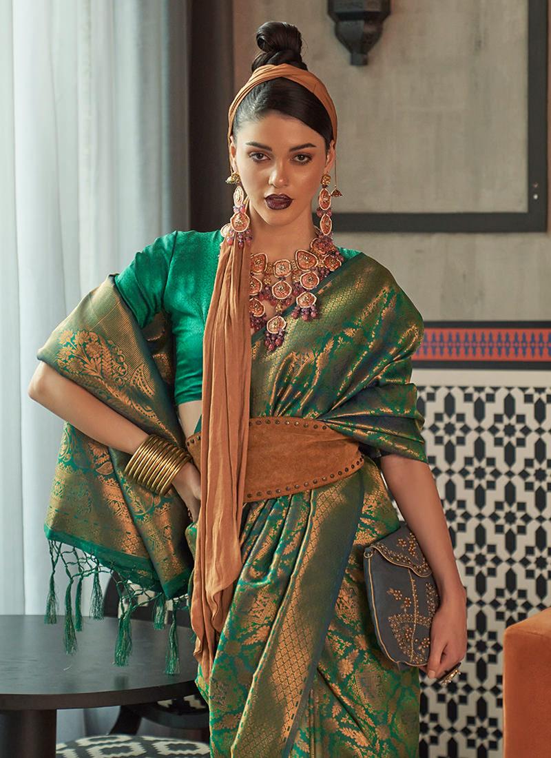 Two Tone Silk Weaving Green Saree Amazon Cheap Pice