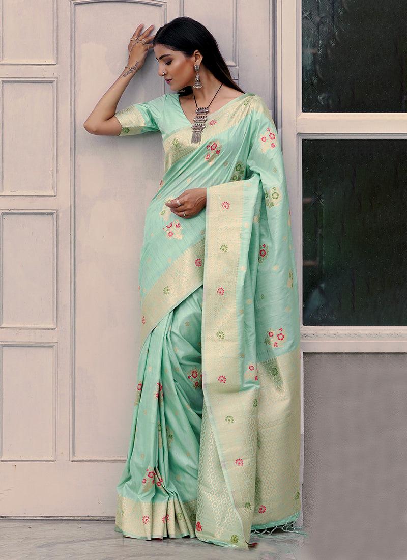 Classic Wear Half Sleeves Pista Green Saree Many Kinds Of Cheap Online