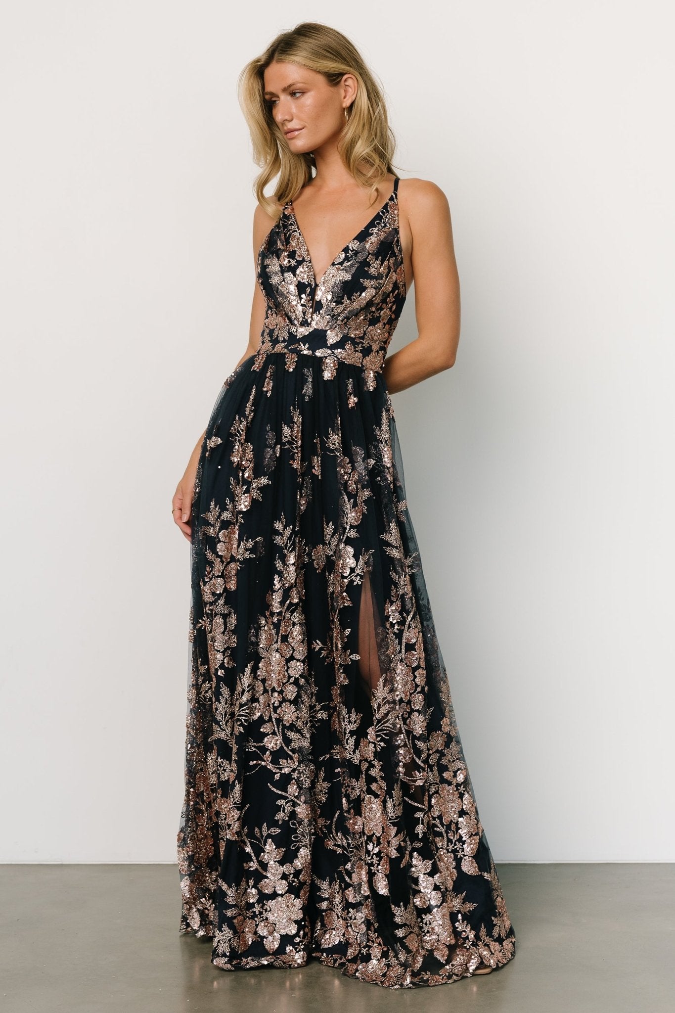 Lucienne Shimmer Maxi Gown | Navy + Rose Gold Clearance Fake