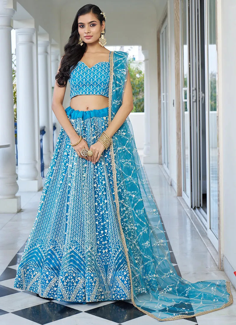 Breathtaking Sky Blue Embroidered Wedding Lehenga Choli Buy Cheap With Credit Card