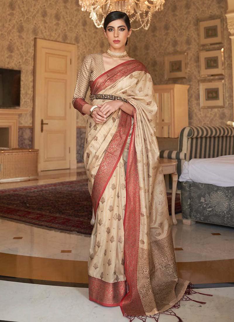 Charming Cream Color Silk Weave Traditional Saree Sale Best Seller