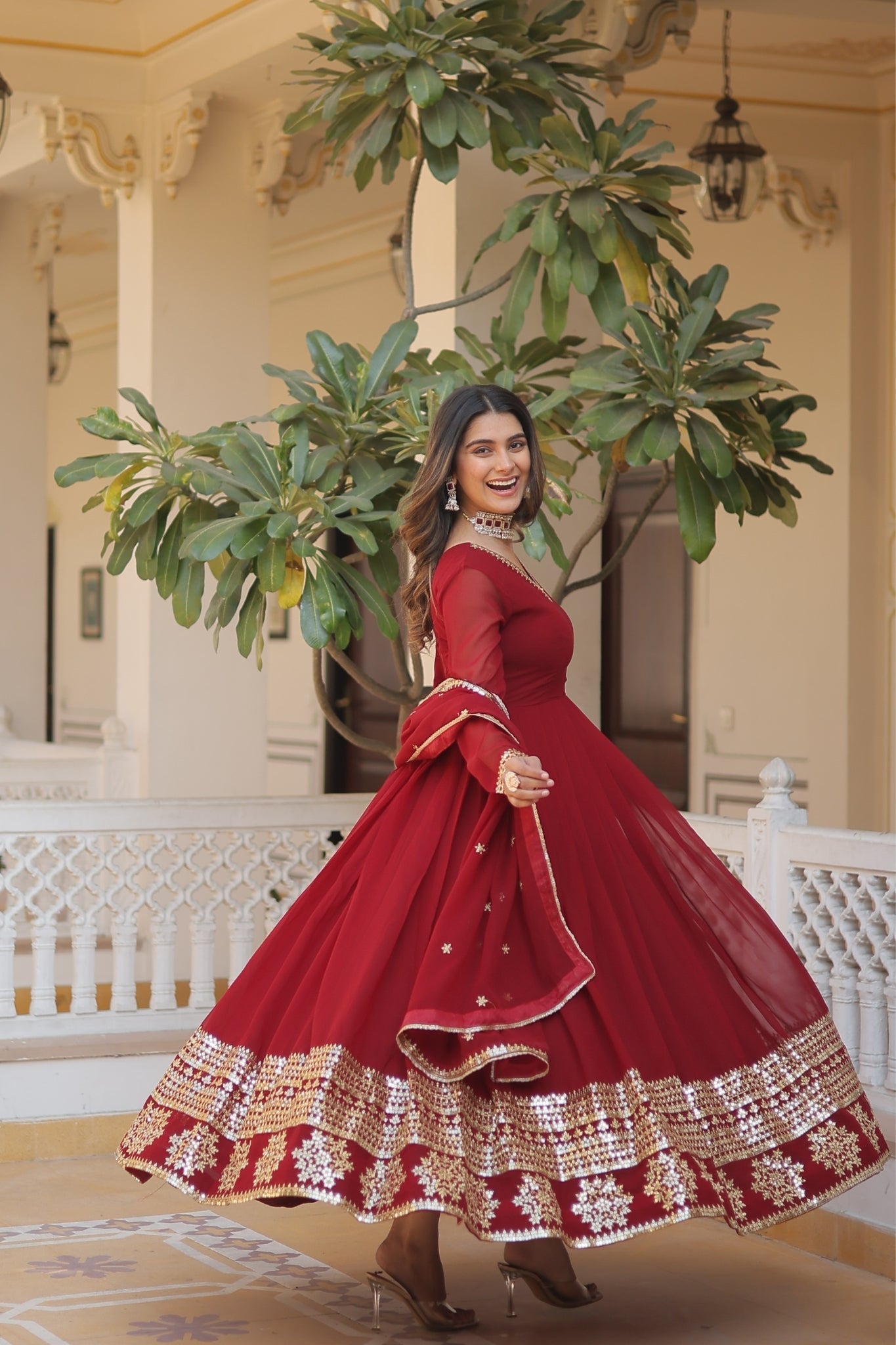 Maroon Georgette Embroidered Gown with dupatta Nicekicks