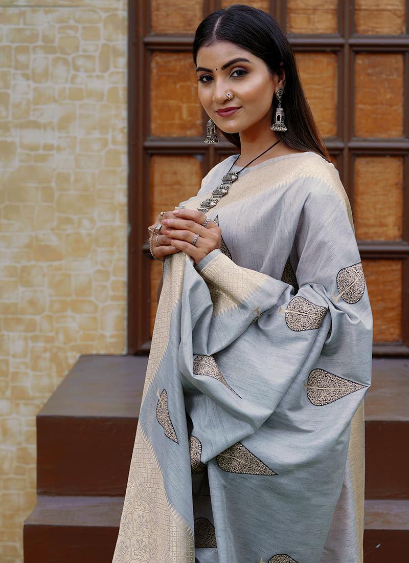 Grey Color Leaves Print Silk Saree Get Authentic Sale Online