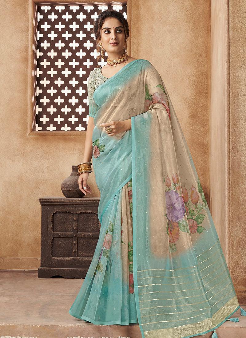 Organza Base Printed Turquoise Floral Saree Genuine Sale Online