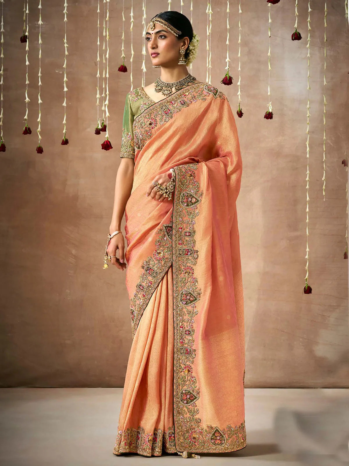 Precious Peach Designer Silk Embroidered Saree Cheap Pice Cost