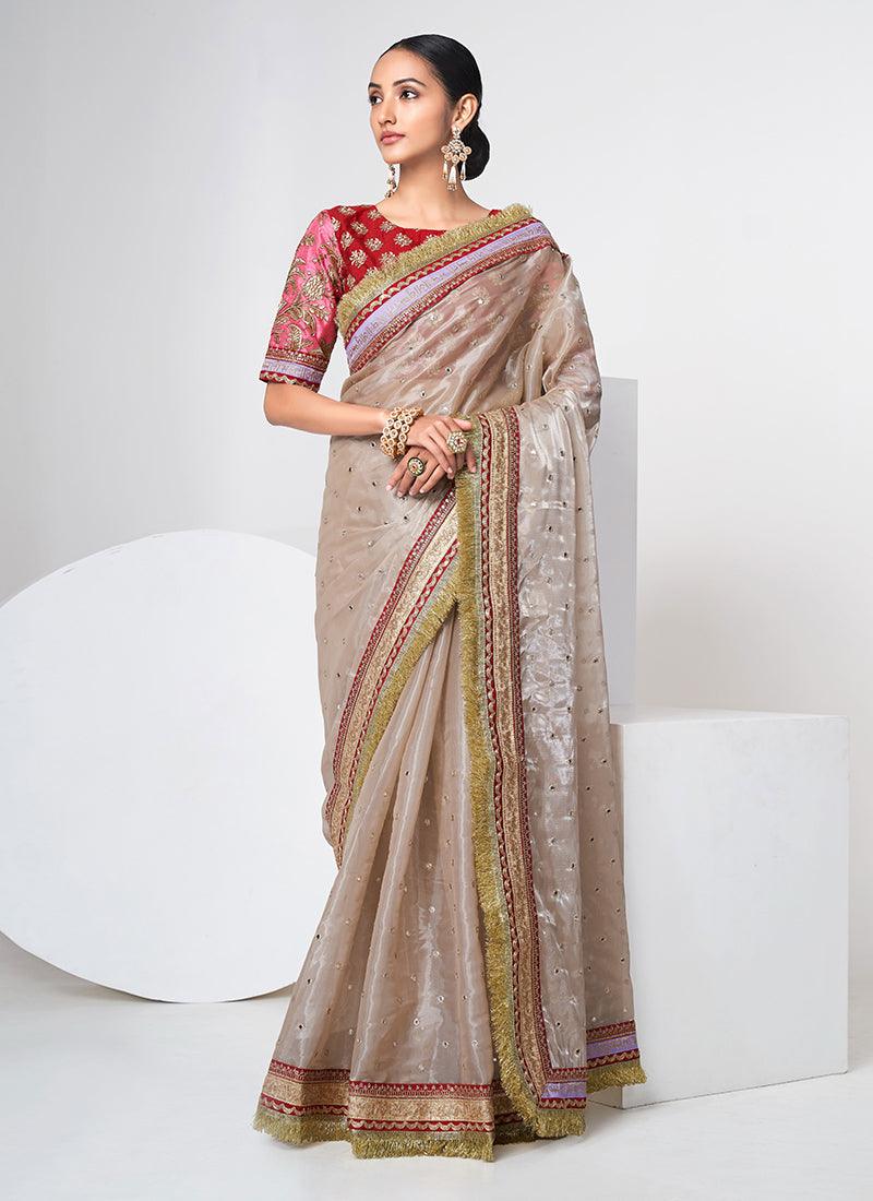 Organza Cream Saree With Heavy Blouse Outlet Cheap