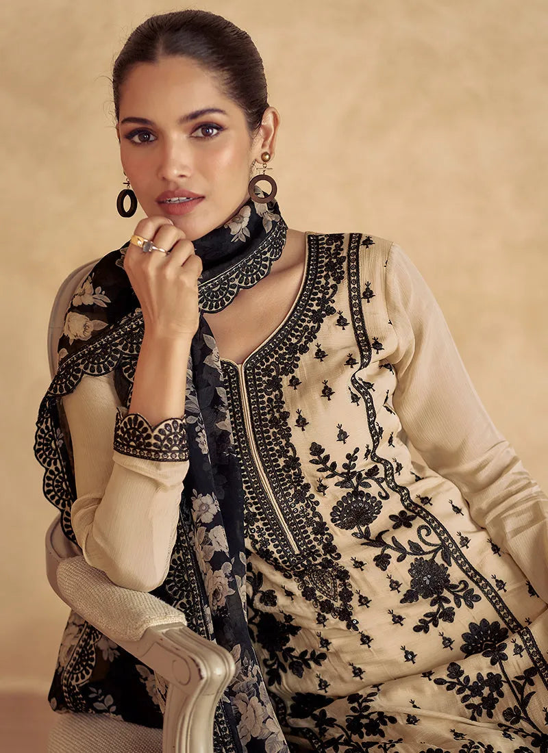 Outstanding Beige Thread Embroidered Traditional Palazzo Suit Wide Range Of Sale Online