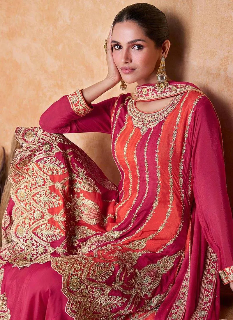 Exquisite Pink-Orange Embroidered Chinon Palazzo Suit Buy Cheap Big Discount