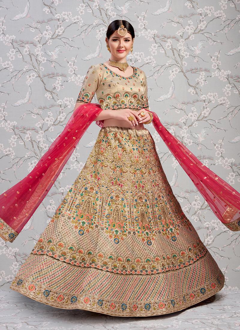 Adorable Beige And Red Silk Base Sangeet Designer Lehenga Choli Discount Online Online