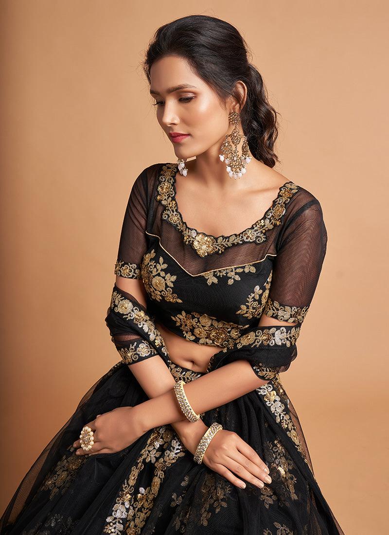 Soft Net Base Black Color Heavy Zari Work Lehenga With Illusion Neck Blouse Fast Delivery Online