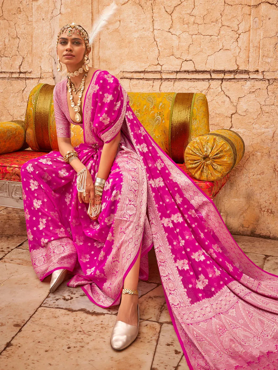 Glowing Pink Georgette Saree with Weaving Butta Border Cheap Sale Cheapest