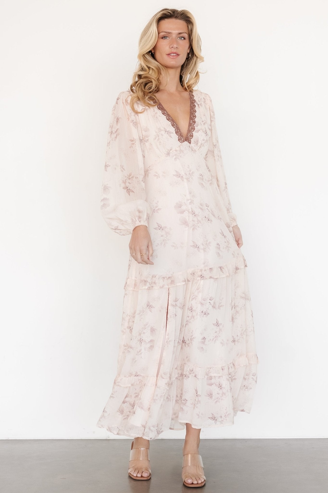 Rumi Deep V Maxi Dress | Beige + Clove Floral Buy Cheap Latest