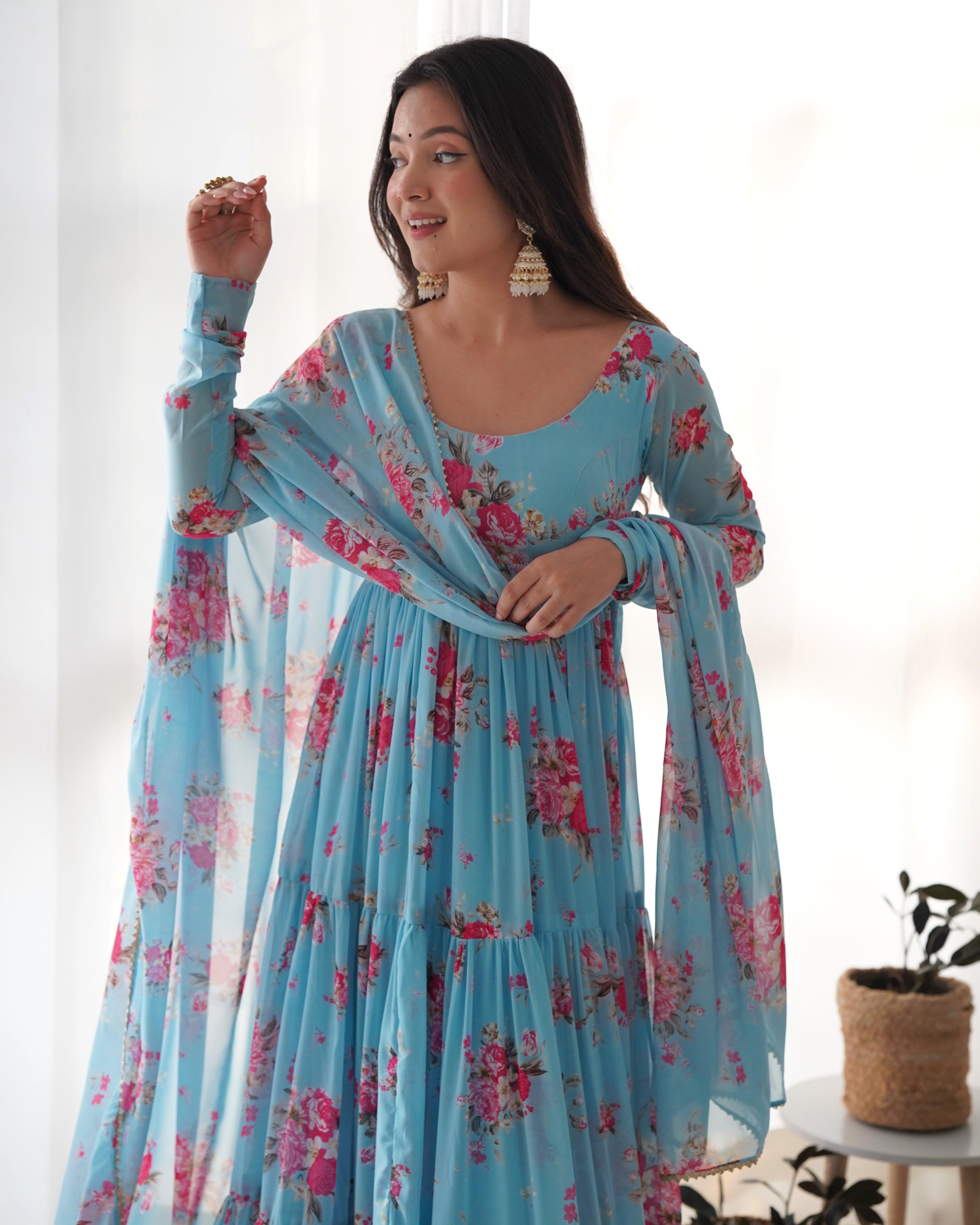 Sky Blue Pure Faux Georgette Floral Printed Ruffle Anarkali Pant Suit Cheap Sale New Arrival