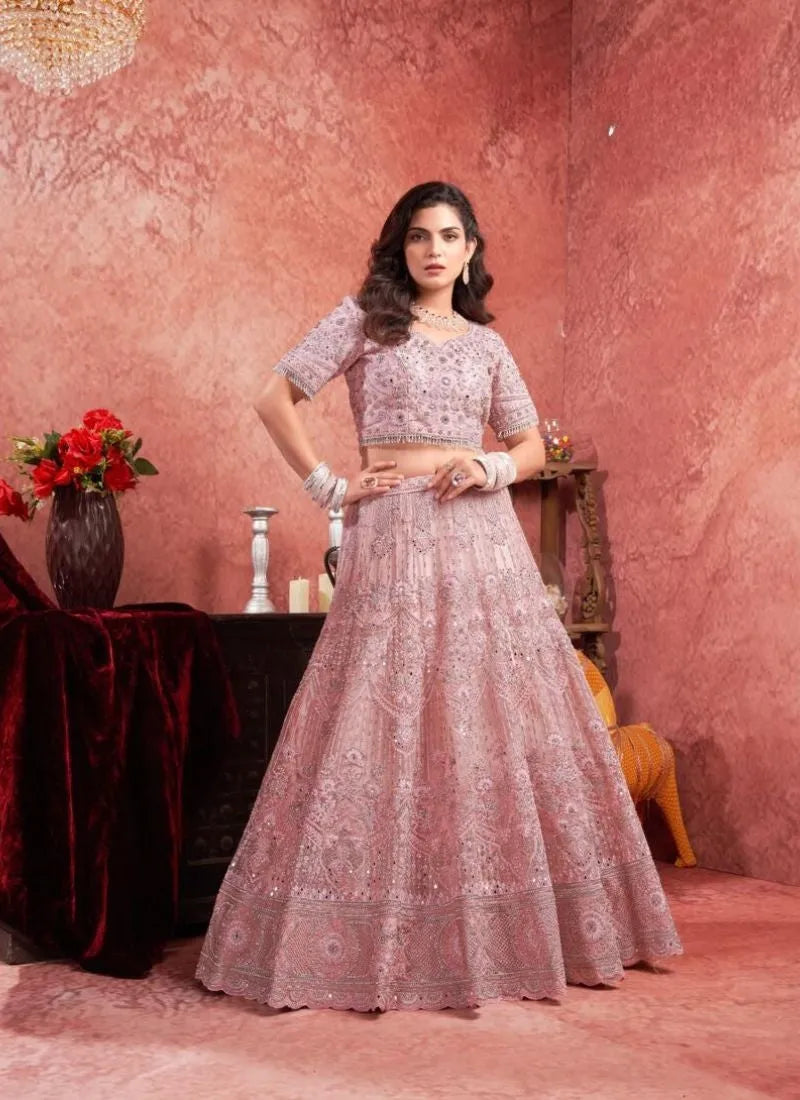 Designer Pink Net Zarkan Bridal Leheng Choli Outlet Collections