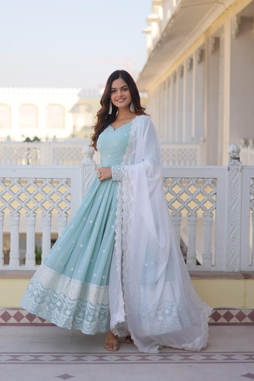 Sky Blue Faux Georgette Thread Sequins Embroidered Gown Cheap Sale Latest Collections