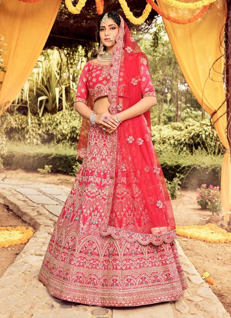 Red Color Raw Silk Fabric Lehenga Choli With Dori And Resham Work Discount Low Shipping Fee