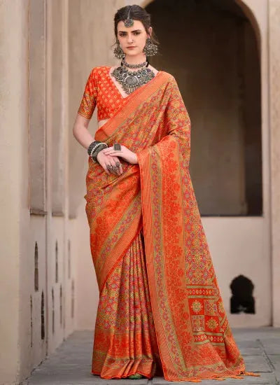 Outstanding Orange Ajrakh Printed Sigma Silk Traditional Saree Clearance Geniue Stockist