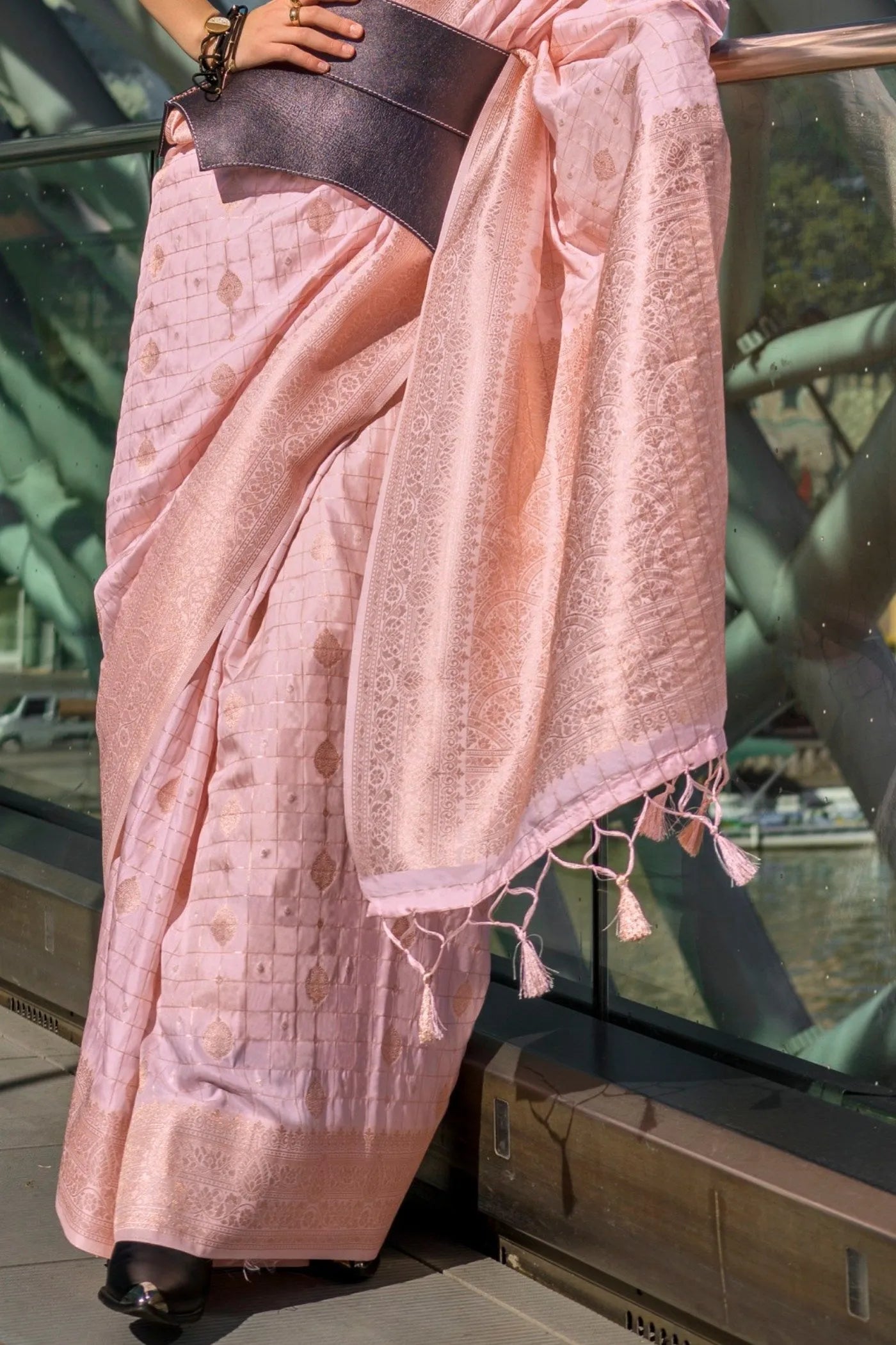 Light Rose Pink Katan Silk Weaving Worked Designer Saree Free Shipping Comfortable