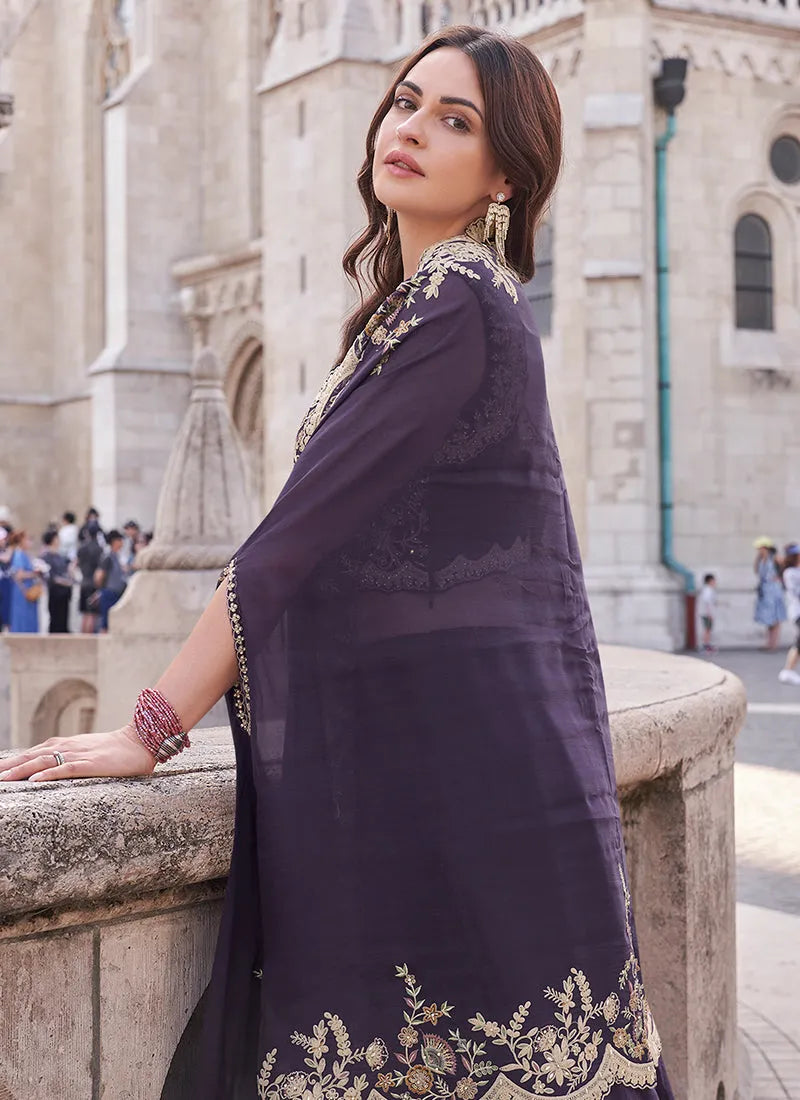 Purple Embroidered Jacket Style Designer Palazzo Suit Sale Best Wholesale