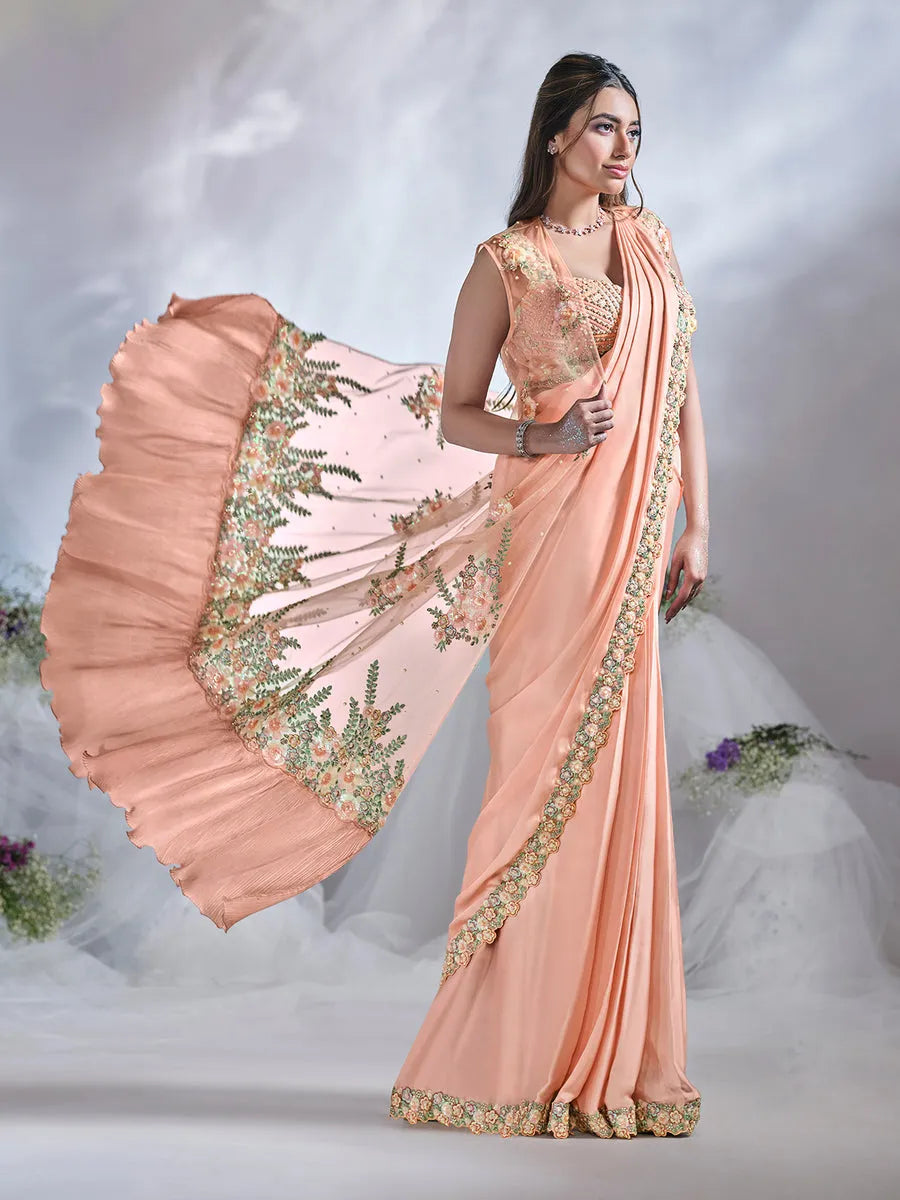 Passionate Peach Ready To Wear Crepe Satin Silk Saree Clearance 100% Guaranteed