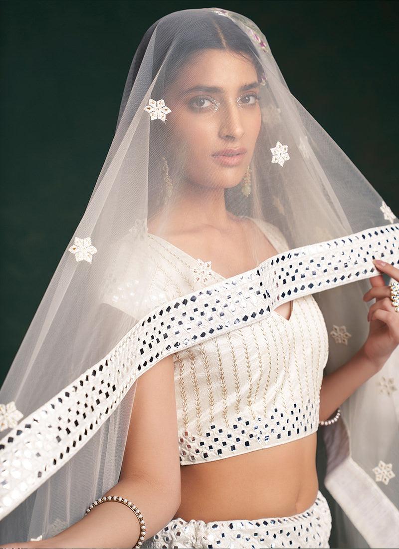 Deep V-Neck White Wedding Lehenga View