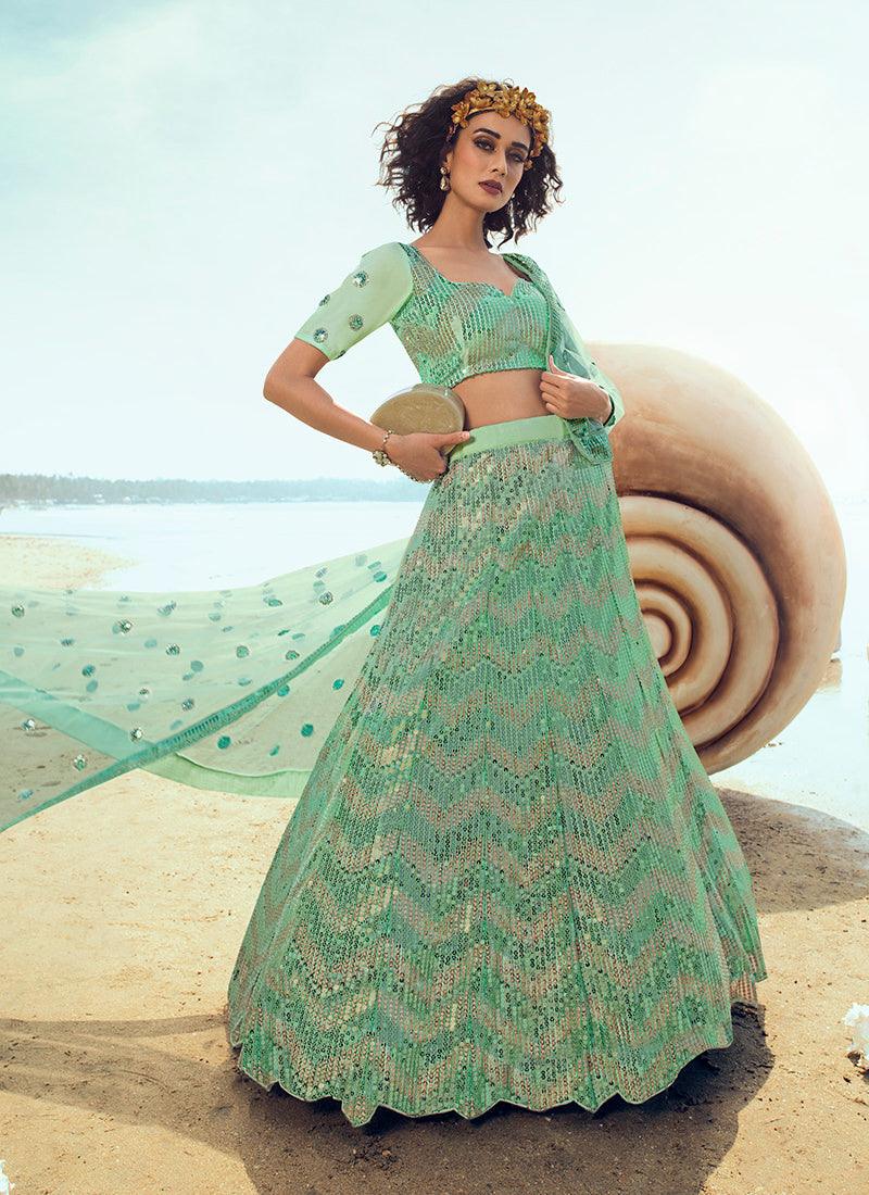 Splendid Sea Green Soft Net Base Sequin Work Lehenga Choli With Mastercard Cheap Online