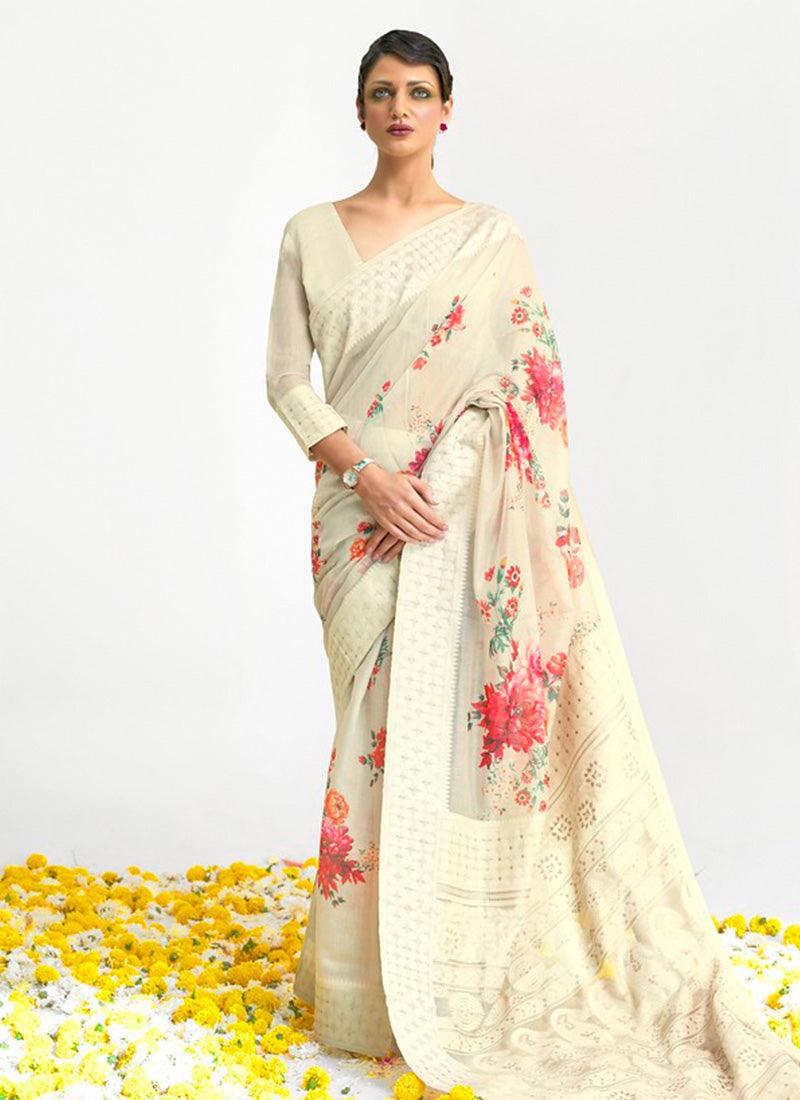 Artistic Look Off-White Color Silk Weaving Floral Print Saree Cheap With Paypal