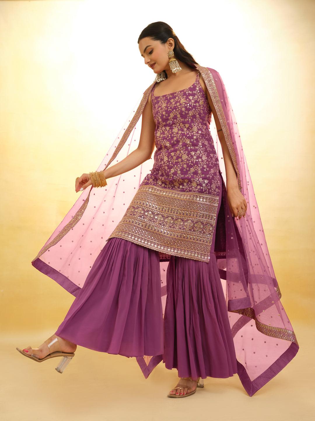 Lilac Embroidered Georgette Sharara Suit with dupatta Cheap Pice Original