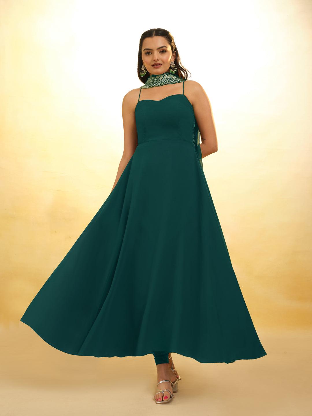 Teal Georgette ready-to-wear gown with dupatta Free Shipping Outlet Store