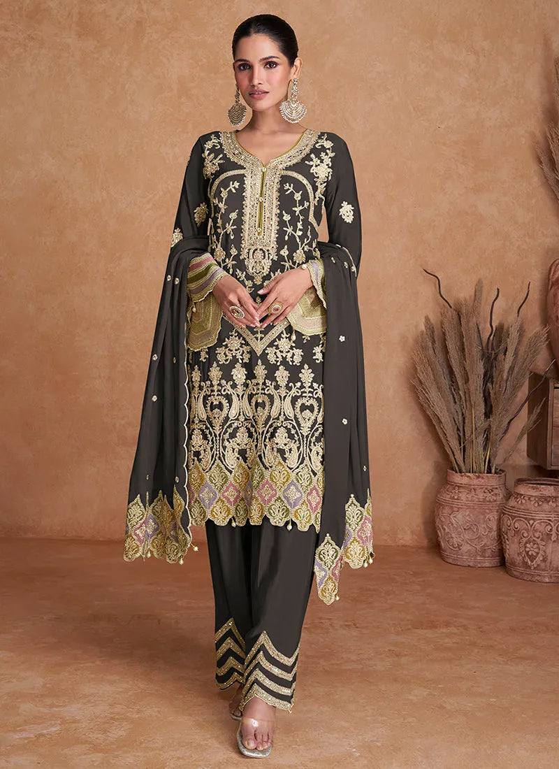 Black Colored Pure Chinon Traditional Designer Top Pant Suit Sale Explore