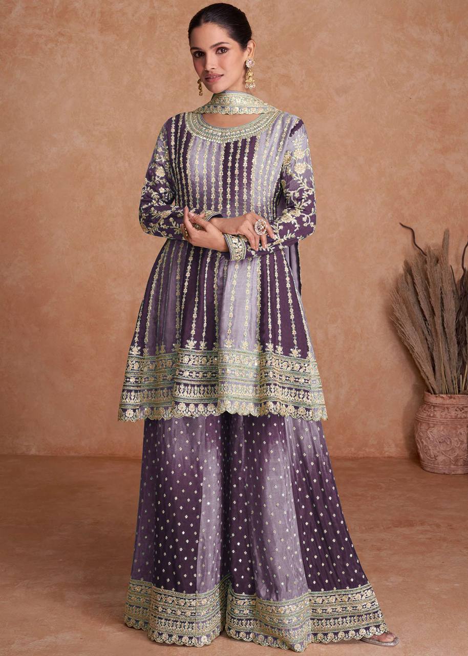 Fantastic Ombre Style Chinon Embroidered Sharara Suits On Hot Sale