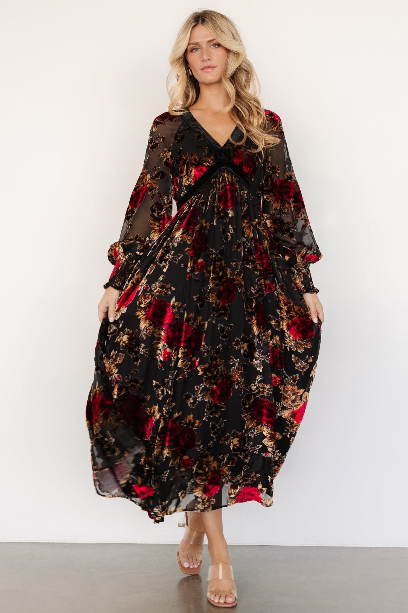 Adele Velvet Dress | Black + Rose Floral Cheap Sale Many Kinds Of