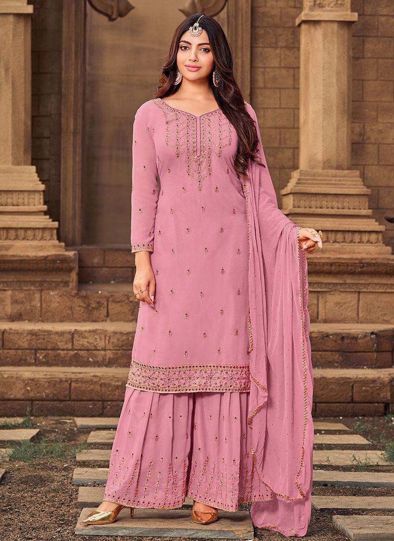 Pink Color Georgette Fabric Zari And Resham Work Sharara Suit Store Cheap Online