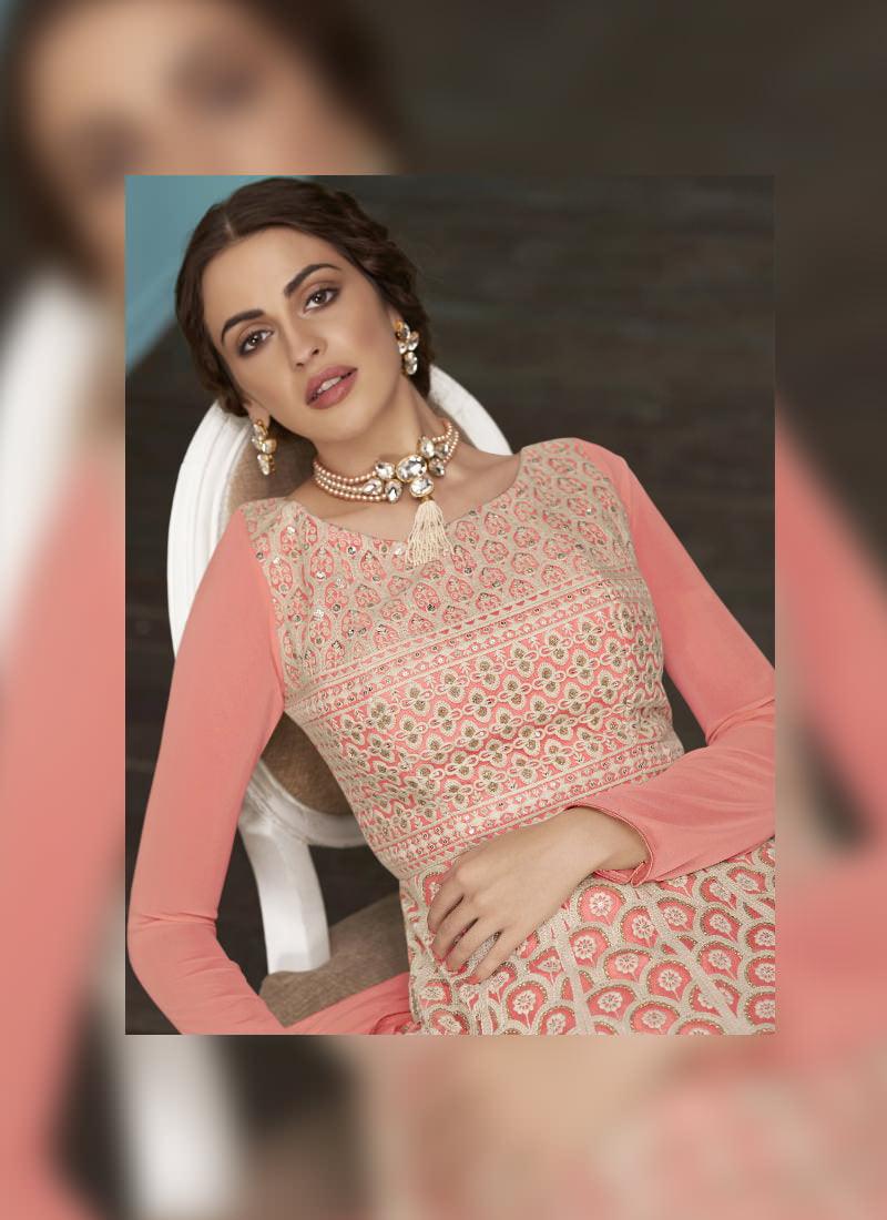 Fabulous Peach Pink Color Embroidered Anarkali Suit With Sequin Work Fashion Style For Sale