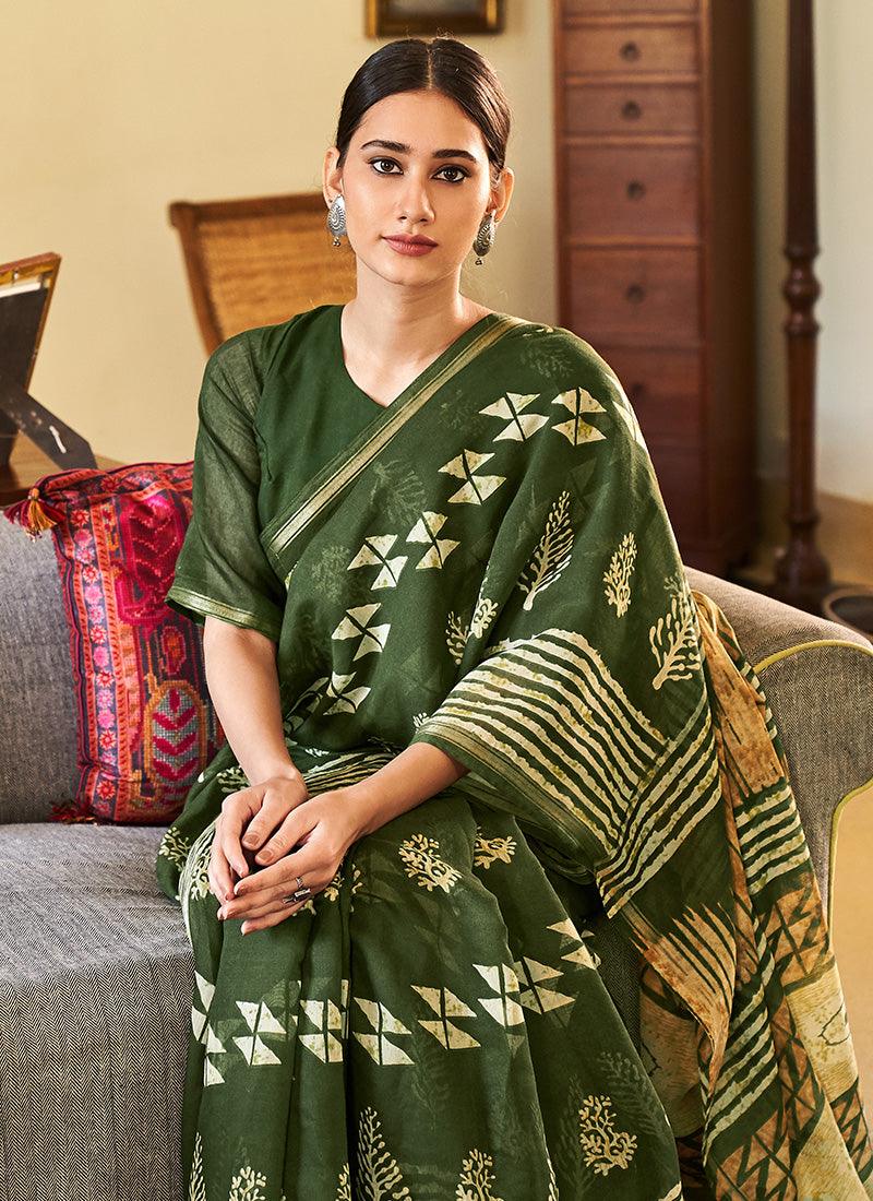 Digital Print Round Neck Green Wedding Saree Release Dates Sale Online