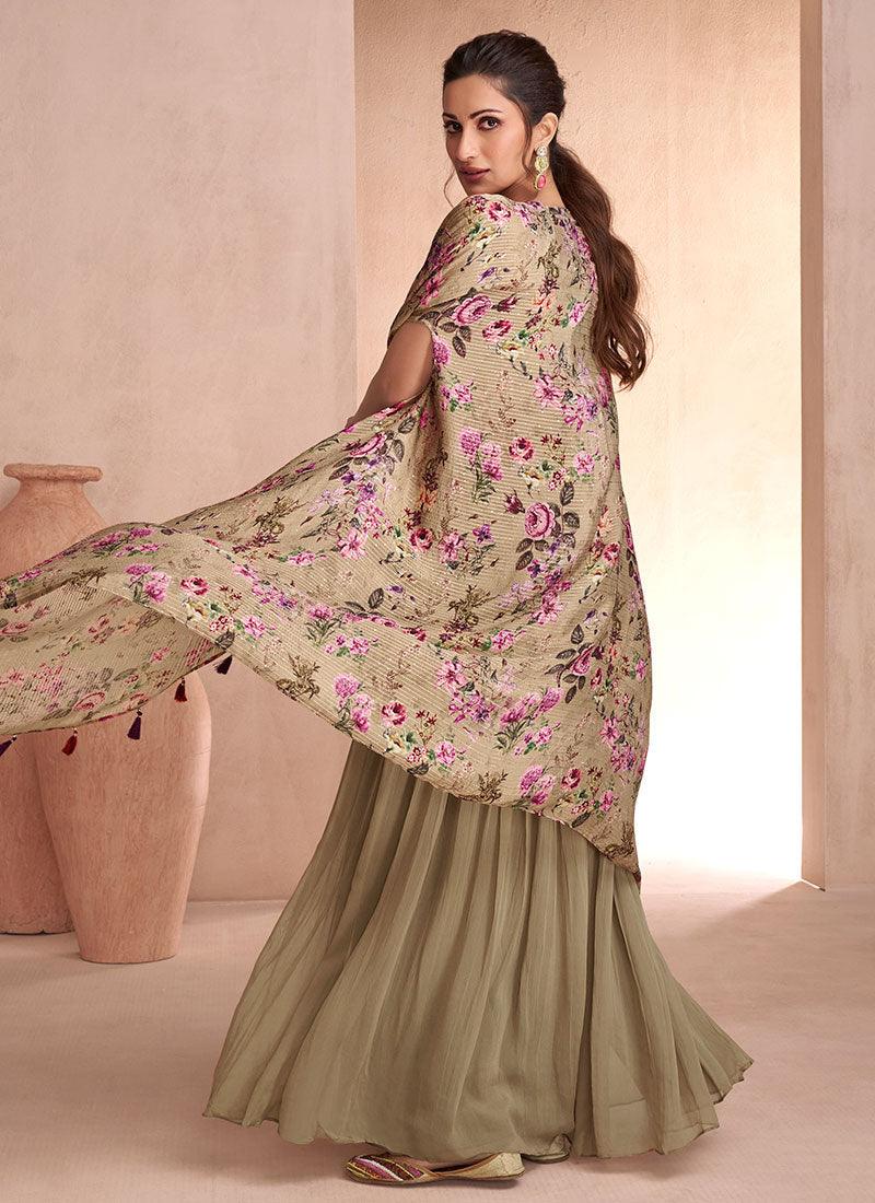 Hazy Green Printed Sequins Embroidered Cape Style Designer Top Palazzo Suit Clearance Cheap Online