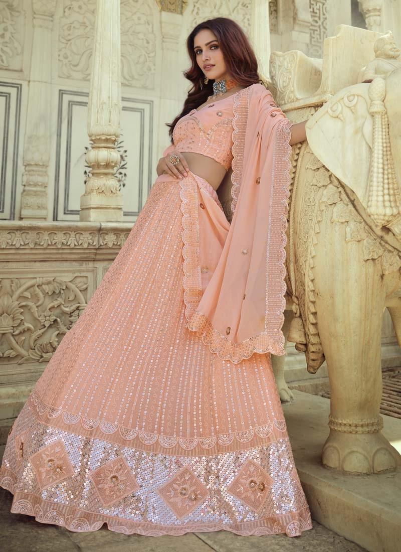 Elegant Georgette Fabric Peach Color Sequins Work Lehenga Choli Pay With Paypal For Sale