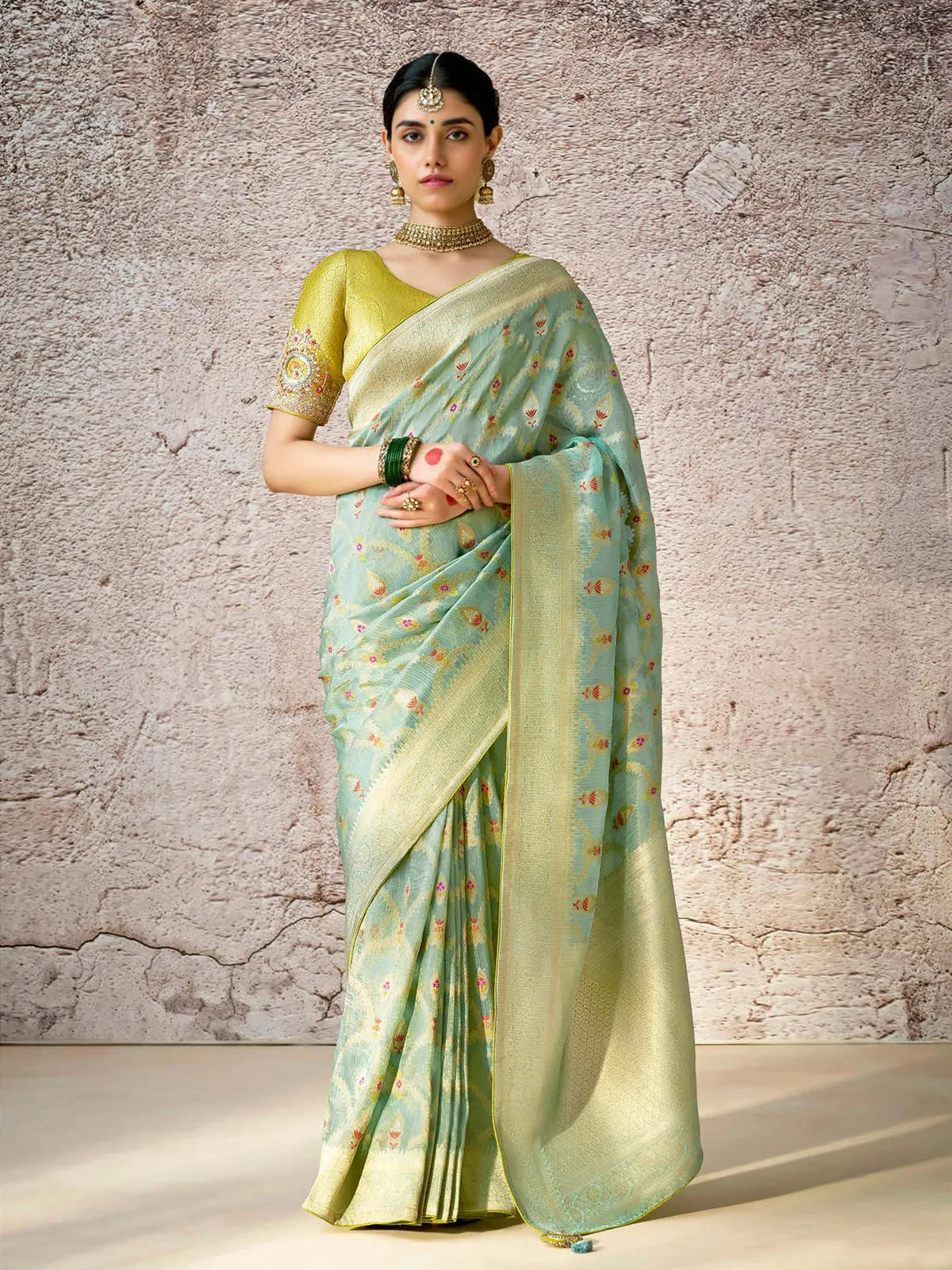 Fabulous Pista Green Banarasi Silk Saree Floral Embroidered Discount Amazon