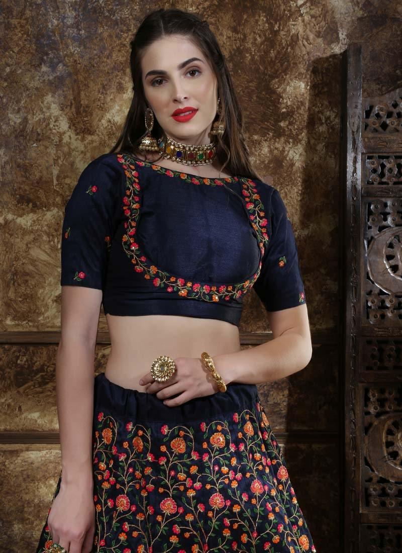 Heavy Resham Work Navy Blue Color Taffeta Silk Base Lehenga Choli Sale Sast