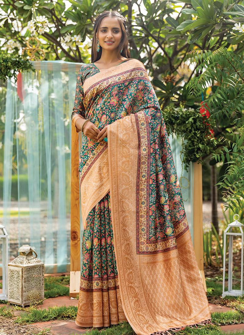 Pine Green Color Kashmiri Digital Printed Silk Base Saree With 3/4th Sleeves Blouse Sale Real