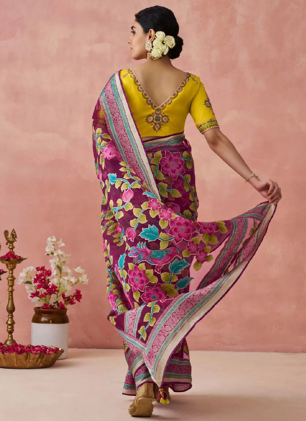 Rose Pink Organza Printed Woven Worked Designer Saree Online Online For Sale