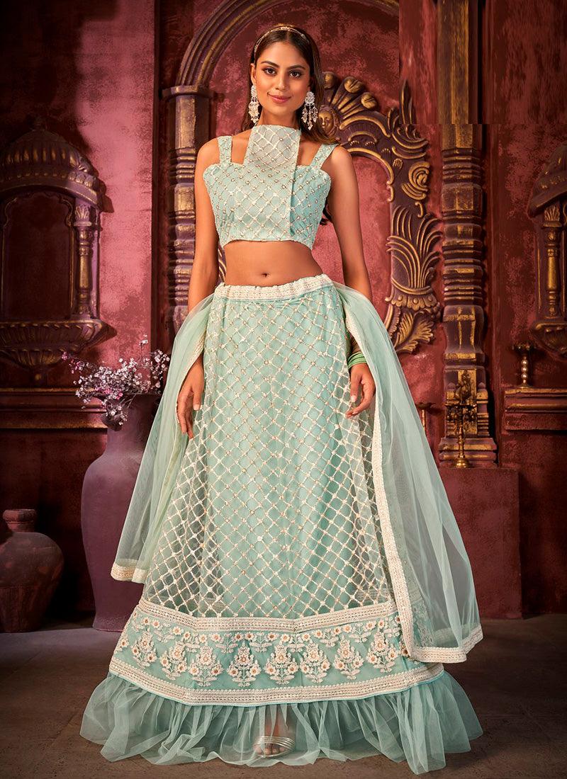 Trendy Net With Designer Work Italian Sky Blue Color Lehenga Choli Cheap Best Seller