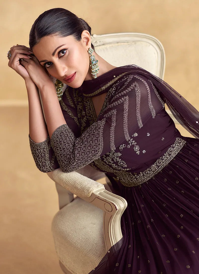 Beautiful Deep Purple Embroidered Georgette Anarkali Gown Free Shipping Original