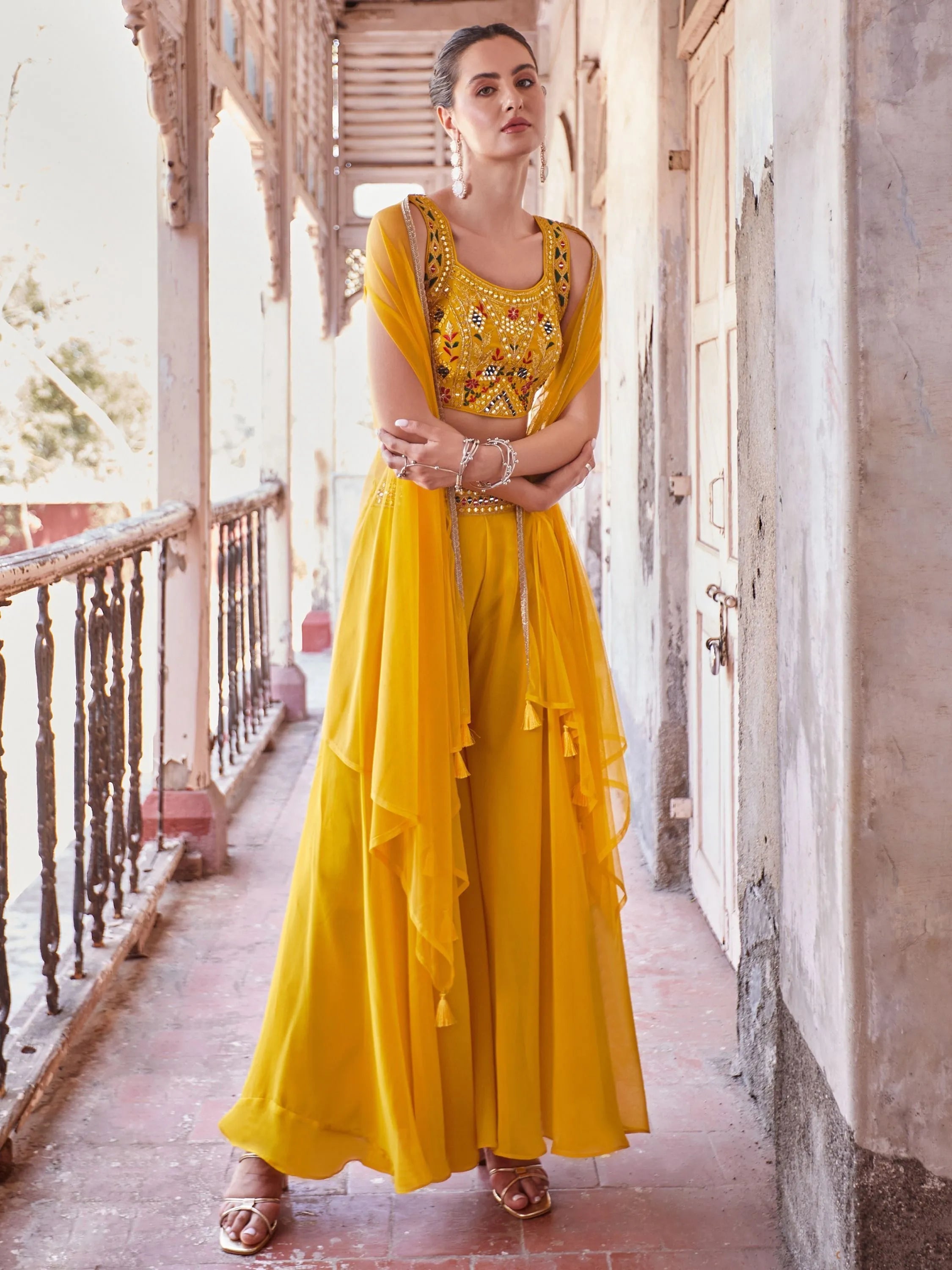 Fashionable Yellow Palazzo Suit with Embroidered Designer Top in Fancy Fabric Online Online Original