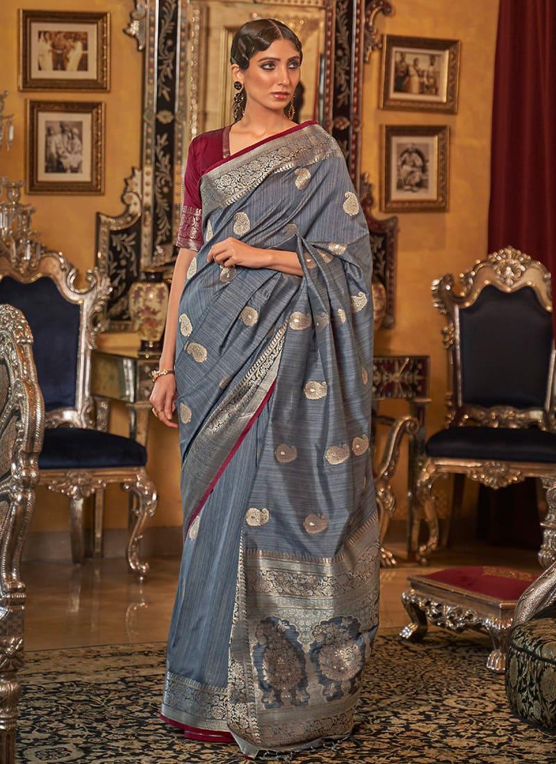 Magnificent Grey Color Silk Base Saree With Contrast Blouse 2025 New Cheap Online