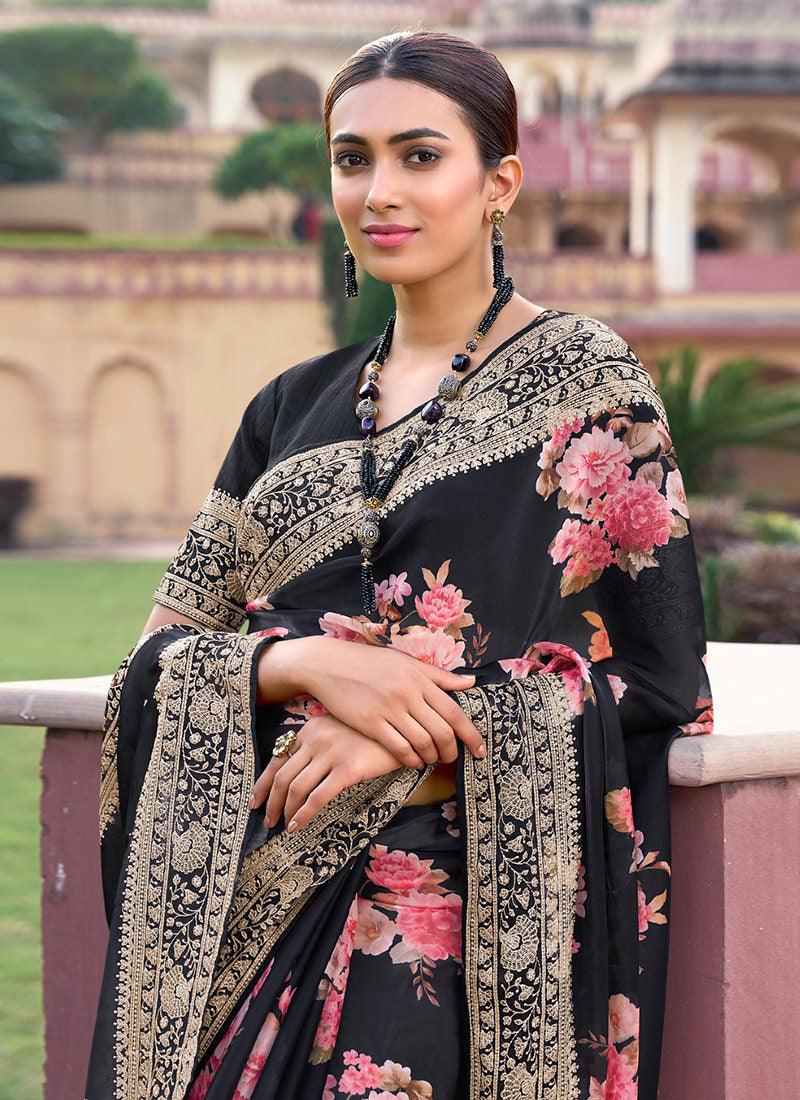 Embroidered Black Organza Floral Saree Official Cheap Online