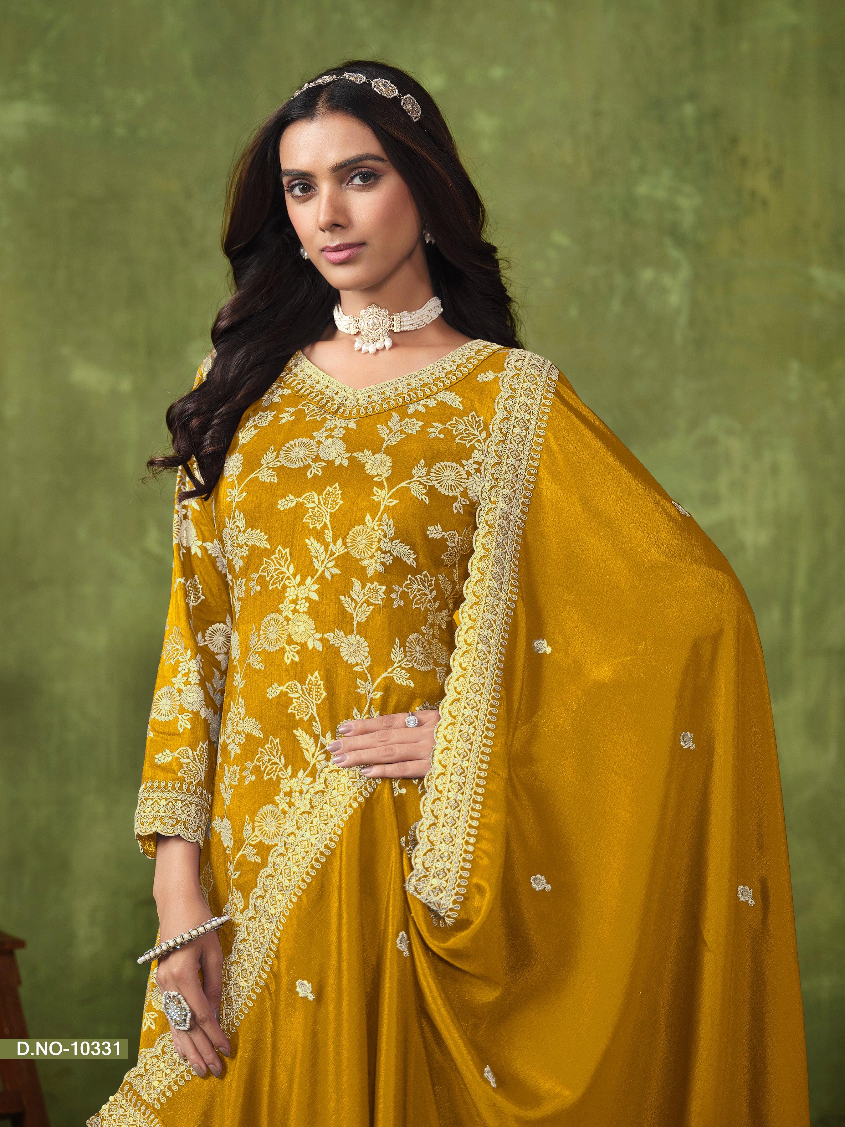 Yellow Dola Silk Jacquard Sequins Embroidered Top Palazzo Suit Cheap Sale Shop