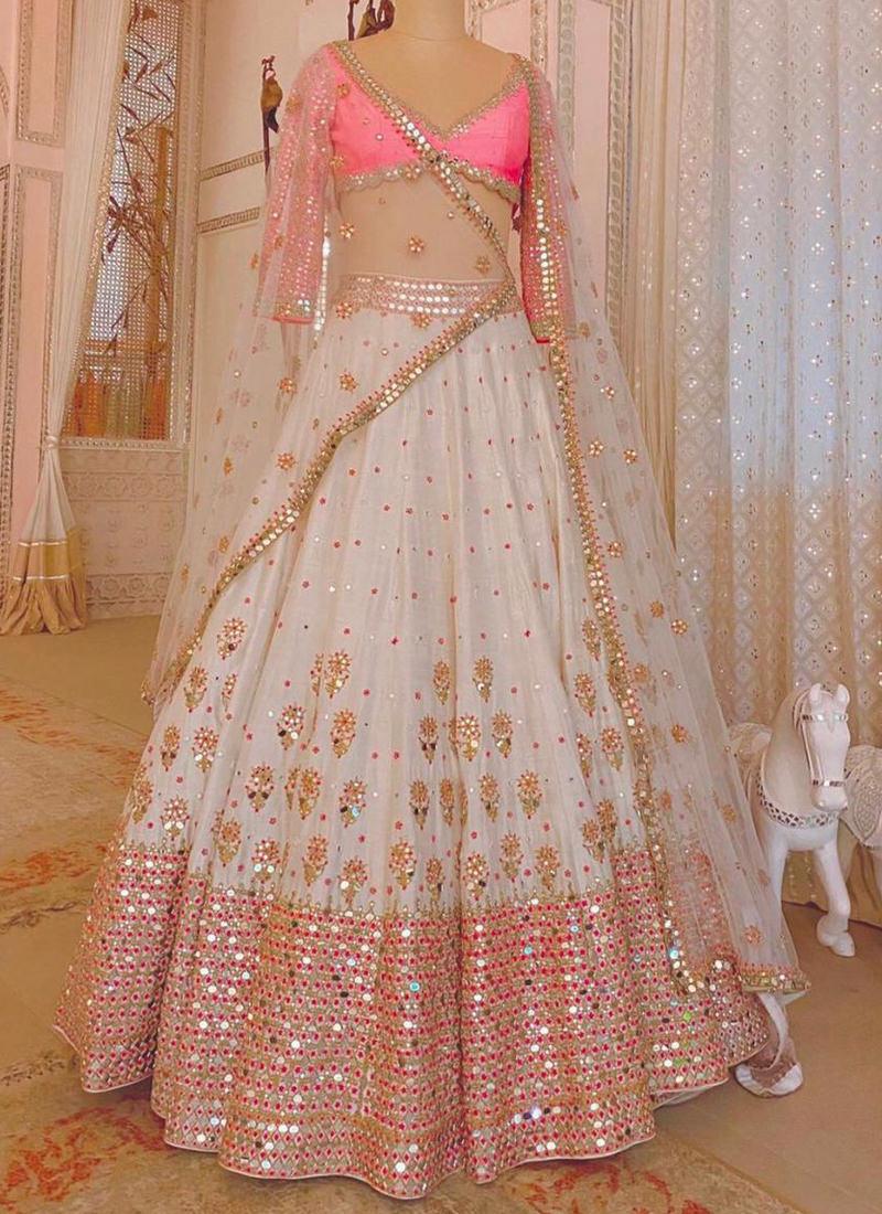 Cool Off-White Color Silk Base Mirror Work Flared Lehenga Choli How Much