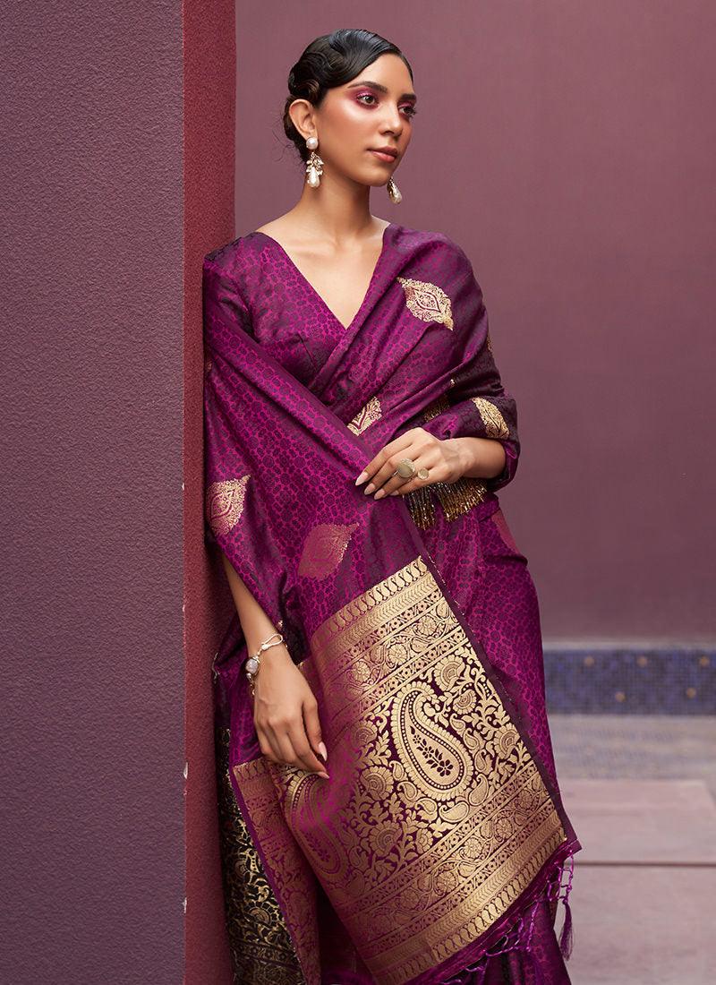 Silk Weaving Wine Satin Classic Saree Clearance Amazing Pice